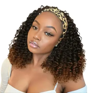 M14 Inch Kinky Curly Headband Wig For Gluel Synthetic Half Wig With Headband None Human Hair Ombre Brown 8001 Natural Black Lace Front No Glue Required Deep Curly Style burmese  half  wig hair  topper italian  curl  organique 4c  extensions
