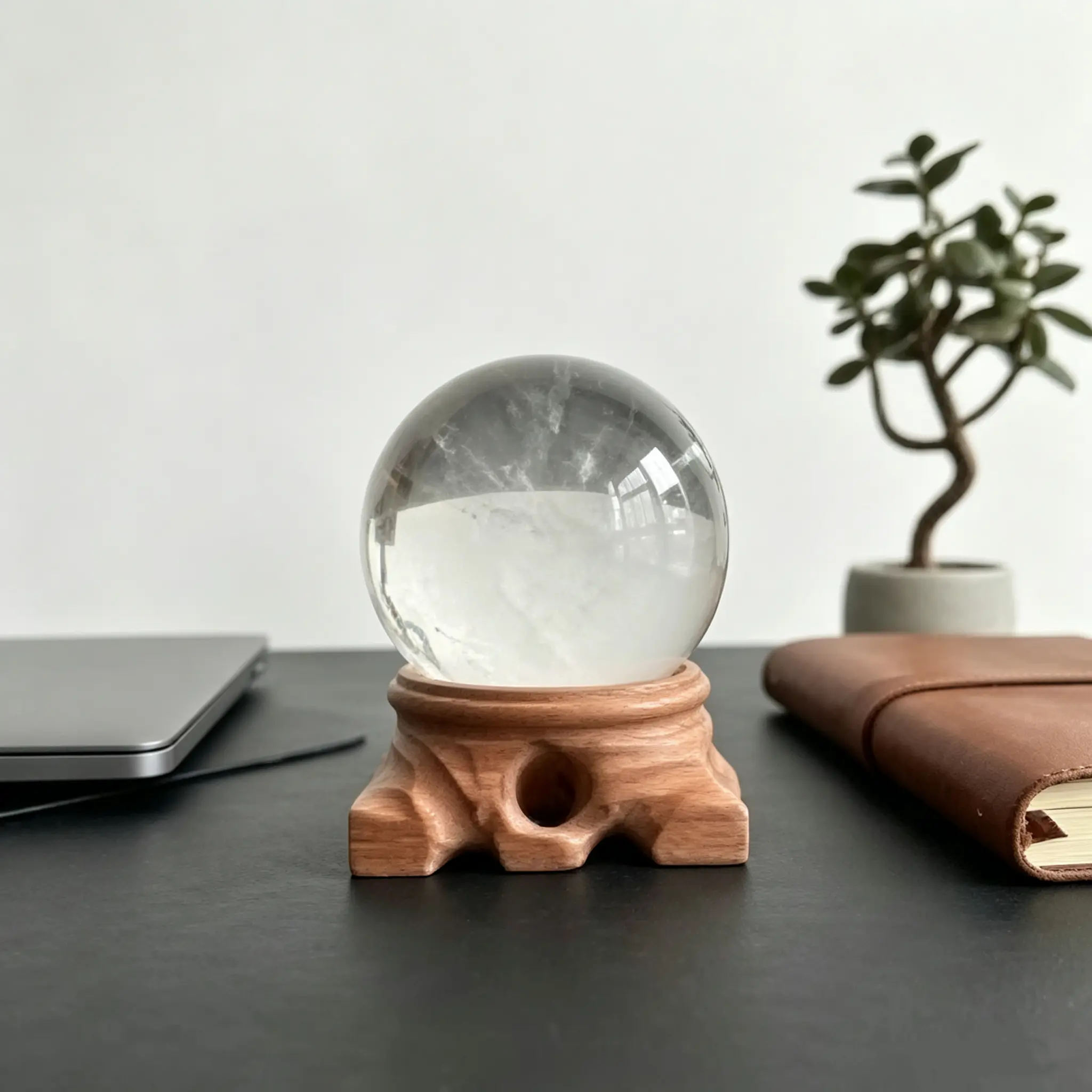 Natural Clear Quartz Sphere with Hand-Carved Wooden Stand — High-Clarity Crystal Sphere, Suitable for Home Decor and Desktop Aesthetics