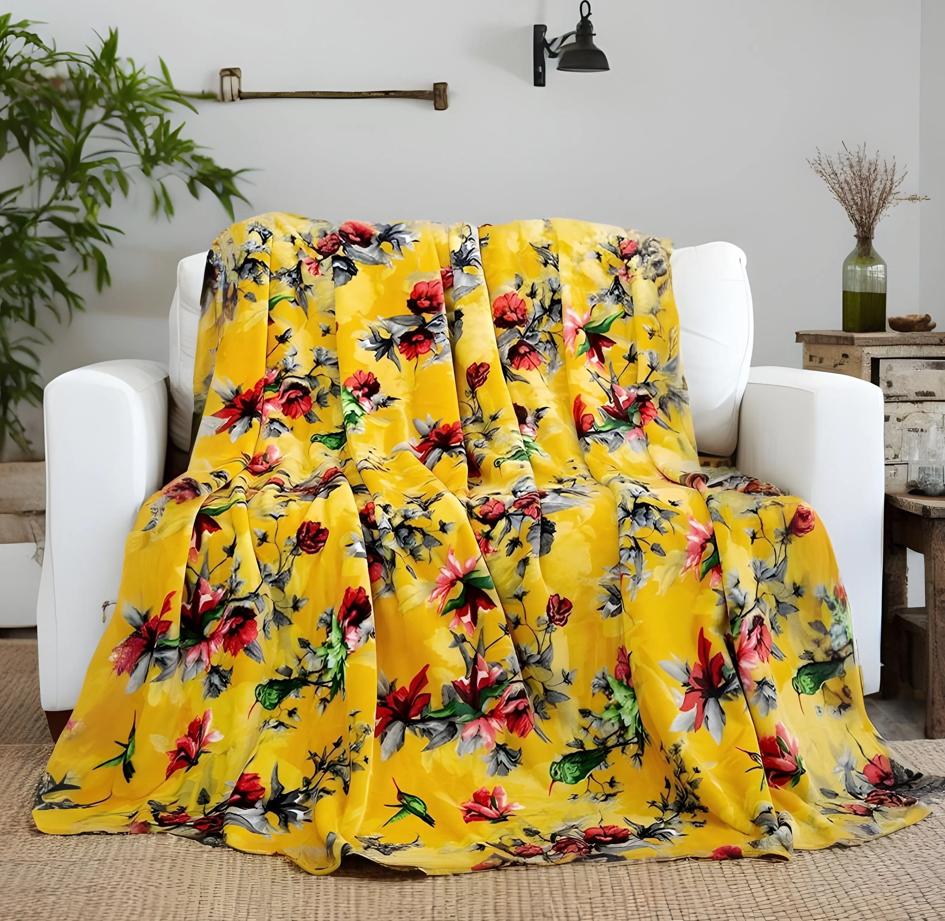DaDa Bedding Soft Fleece Throw Blanket - Yellow Farmhouse Rustic Spring Floral Hummingbirds Design, Colorful Afghan, Floral Design, Printed Fabric (925), Colorful Afghan Blankets, Floral Design Blankets