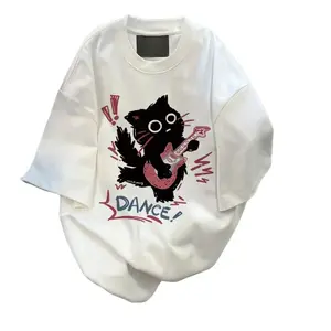 Cute Punk Cat Guitar Printed Short Sleeve T-Shirt Summer Oversized Graphic Tees Harajuku Vintage Aesthetic Baggy Top for Men & Women Casual Breathable Blend Trendy Fashionable Design Comfortable Wear All Day Long