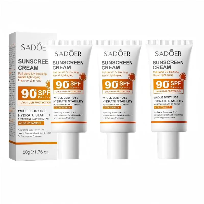 SADOER Broad Spectrum Sunscreen Cream SPF90+ PA++++, Hydrating Refreshing Sun Lotion with Aloe & Vitamin E, Waterproof Sunscreen for Face & Body, 3 Bottles, 50g Each