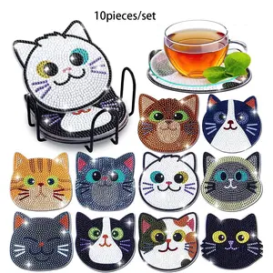 10-Piece Irregular Shape Cute Dog Pattern Artificial Diamond Art Coaster Set Diamond Painting Coasters DIY Crystal Diamond Painted Wooden Table Mat with Stand Wooden Coasters