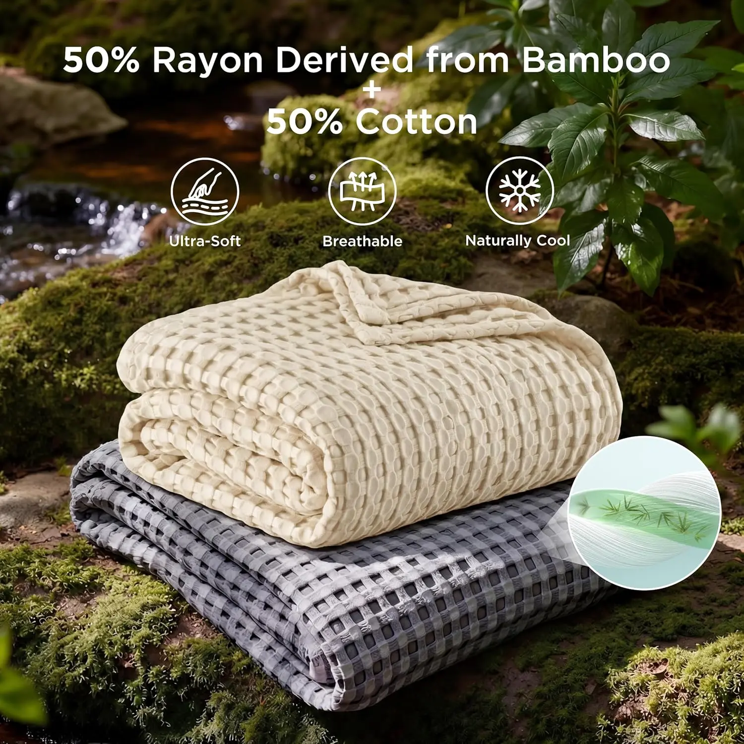 Bedsure Cooling Bamboo Waffle Blanket,Moody Color,- Lightweight Breathable Cotton Blanket of Rayon Derived from Bamboo for Hot Sleepers, Luxury Throws for Bed, Couch and Sofa