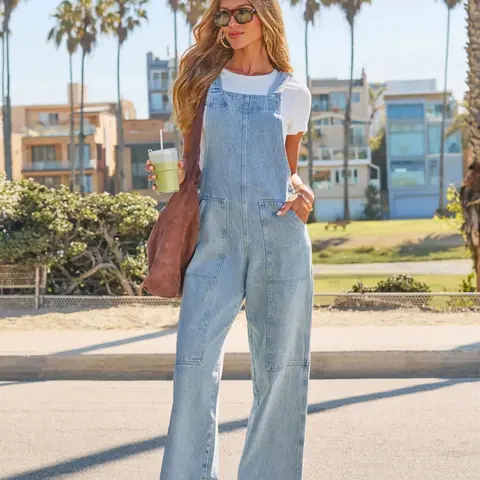Women's Light Blue Denim Strap Jumpsuit Overalls, Womenswear, Light Wash, Wide Leg Loose Fit, Lightweight, Adjustable Straps, Casual One-Piece, Streetwear Jumpsuit, Perfect for Everyday Wear