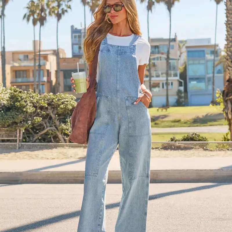 Women's Light Blue Denim Strap Jumpsuit Overalls, Womenswear, Light Wash, Wide Leg Loose Fit, Lightweight, Adjustable Straps, Casual One-Piece, Streetwear Jumpsuit, Perfect for Everyday Wear