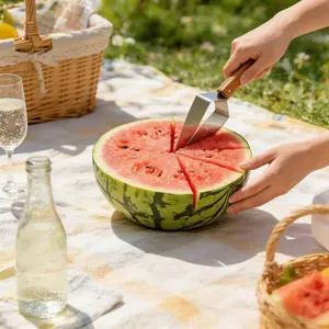 Stainless Steel Watermelon Honeydew Slicer, Triangular Blade Fruit Cutter, Ergonomic Wooden Handle, Safe Durable Kitchen Tool