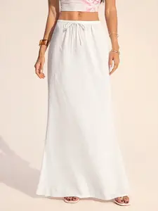 A women's white drawstring high-waist long Maxi skirt Adjustable Knot Skirt Womenswear, lightweight and comfortable, suitable for relaxed occasions such as vacations, daily shopping, or casual dates. Casual Comfy Skirt