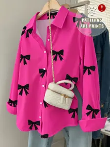 Women's Bow Print Loose Long Sleeve Shirt, Casual Classy Top, Casual Spring & Fall Fashion, Comfortable Ladies Top for Daily Wear