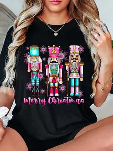 100% Cotton Unisex Women's Festive Nutcracker Print T-Shirt - Casual Crew Neck, Short Sleeve,  Machine Washable - Perfect for Christmas