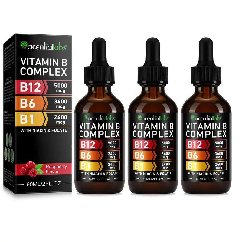 Acentiallabs Edible B Complex Liquid Vitamin Drops (3 Pack) - USA-Made Healthcare Dietary Supplement with Natural B1, B3, B5, B6, B7, B9, B12 for Metabolism, Brain Health, 2fl oz