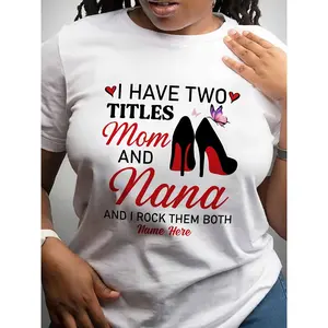 Women's Casual Short Sleeve Crew Neck Tee "Mom & Nana" Print Red Heel Butterfly 100% Polyester All-Season