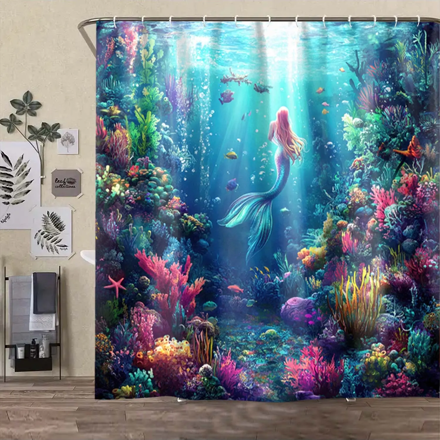 Mermaid Pattern Bathroom Accessories Set, Includes Shower Curtain, U-Shaped Toilet Pad, Lid Cover, Long Rectangle Mat, Elegant Bath Decor