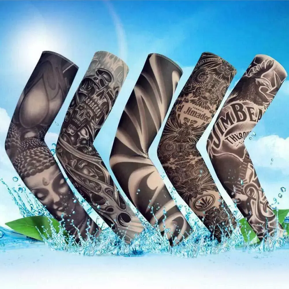 DAZONE 5 Pack Fake Tattoo Arm Sleeves for Men, Elastic Slip-On Design with Sun Protection, Stylish Novelty Gift for Parties & Cycling, Fake Tattoos, Arm Temporary Tattoos