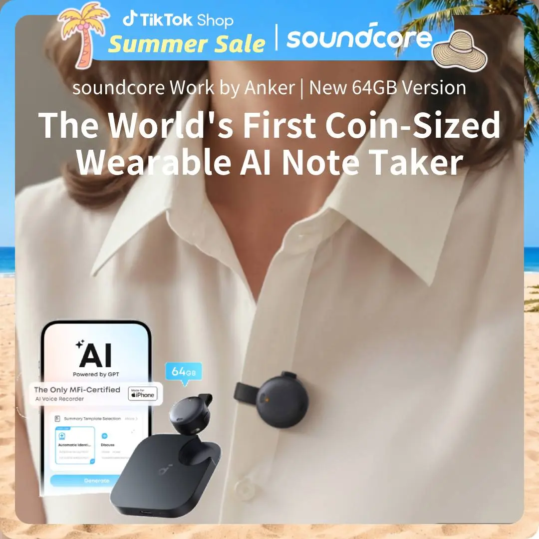 soundcore Work AI Smart Voice Recorder by Anker, Portable Bluetooth Wearable Note Taker for Meetings, Transcribe & Summarize, MFi Certified, 64GB, 150+ Languages, USB-C Charging, Manufacturer Warranty #tiktokshopsummersale, Portable Recorder, Manufacturer