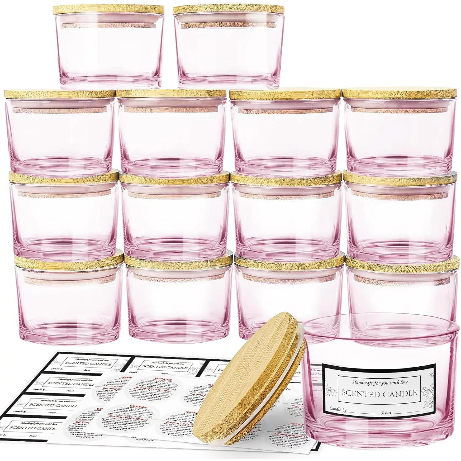 15 Pack 4 OZ Pink Glass Candle Jars with Airtight  Lids for Making Candles, Bulk Small Wide Mouth Empty Candle Containers with Sticky  Labels - Dishwasher Safe