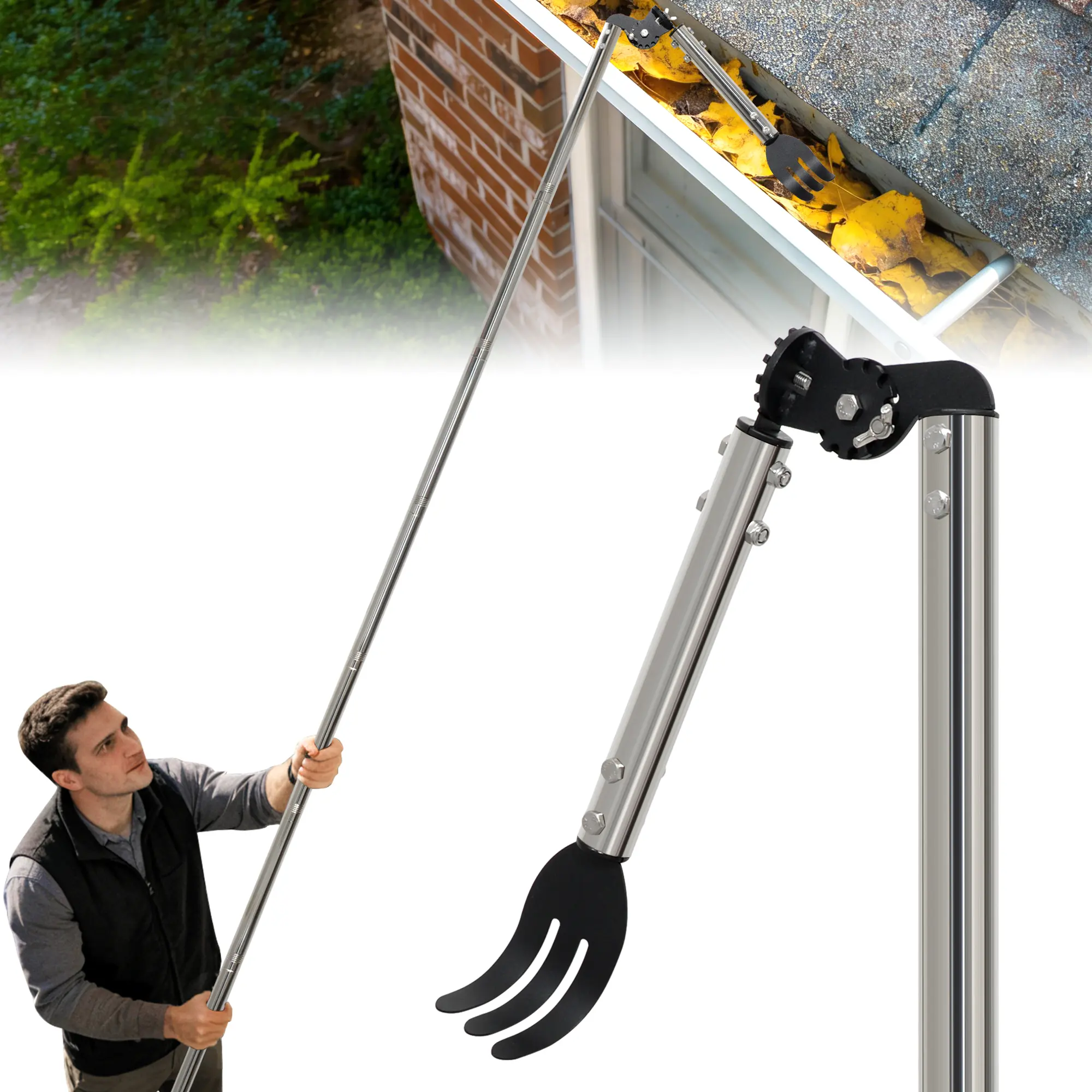 CKLT Gutter Cleaning Tools from the Ground, Dual-Axis Spring Steel Gutter Cleaner, Adjustable Length Gutter Cleaning Pole with Gutter Rake for Leaves, Muck and Roof Debris