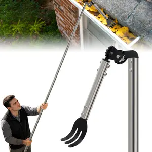 CKLT Gutter Cleaning Tools from the Ground, Dual-Axis Spring Steel Gutter Cleaner, Adjustable Length Gutter Cleaning Pole with Gutter Rake for Leaves, Muck and Roof Debris