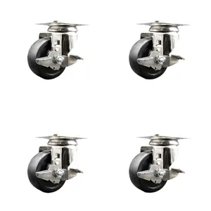 Service Caster SCC-SS31620S314-SRS-TLB-4 Soft Rubber Swivel Top Plate Caster with 3 in. Black Caster Wheels - 316 Stainless Steel Casters - Set of 4