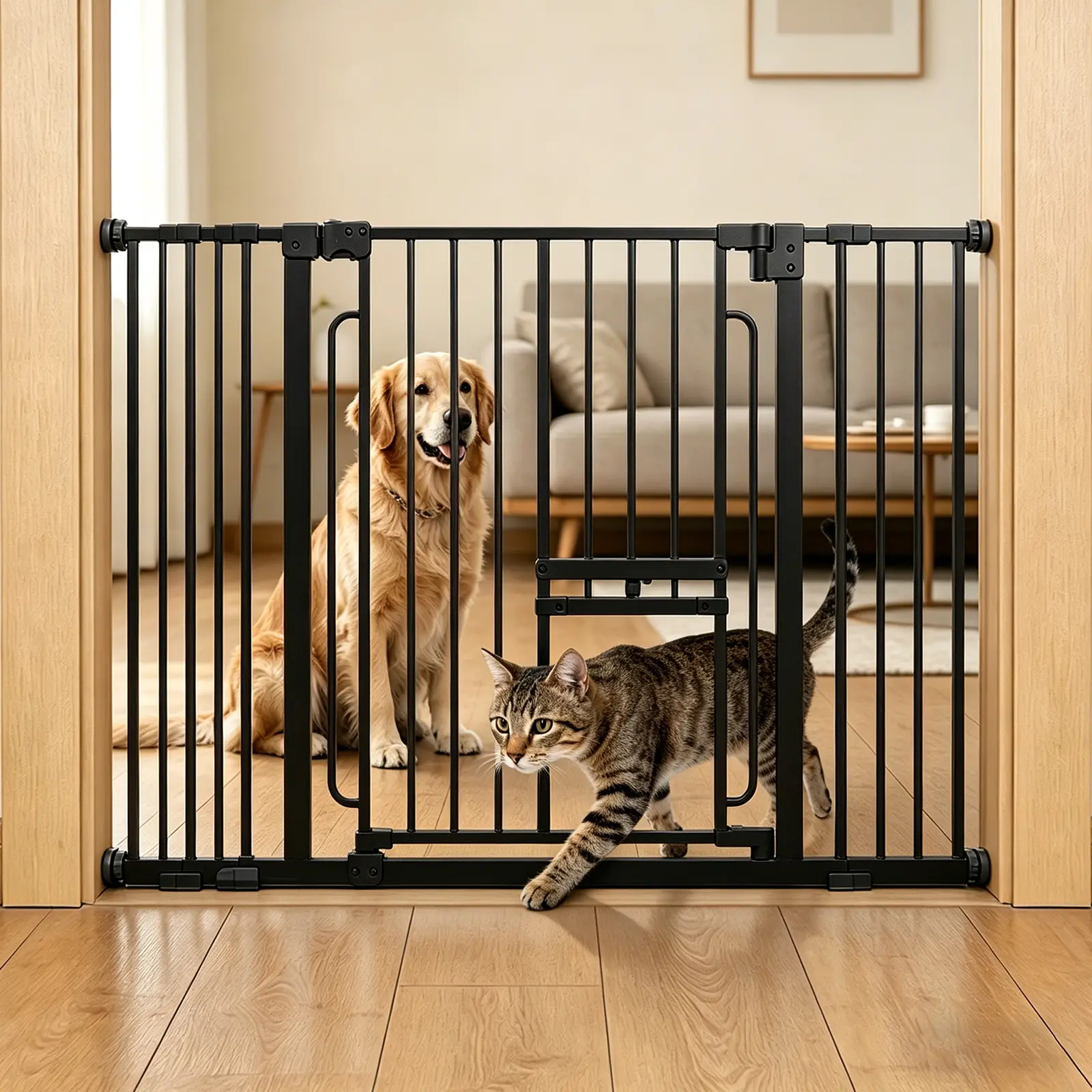 Metal Adjustable Pet Gate, 29.5-43in with Cat Door, Black, Blocks Access to Restricted Areas