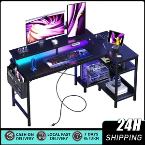 40 in L-Shaped Black Carbon Fiber Gaming Desk - LED Lights, Power Outlet, Type-C Interface, Adjustable Monitor Stand, Storage Shelves, Reversible Corner Home Office Desk for Small Spaces, Gaming Desks