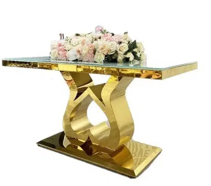 Heart-Shaped Gold Stainless Steel Banquet Table with Glass Top