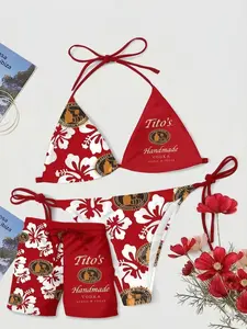 Couple Matching Red Floral Swimwear Set Bikini And Men Shorts Tropical Beach Vacation Outfit Summer Two Piece Swimsuit Stylish Matching Couple Outfit Honeymoon Gift Viral TikTok US Fashion