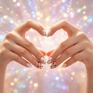 French Floral Nail Art Stickers, Sweet European Style Removable Nails, 24 Pieces, Elegant Grid Design, Perfect for DIY Manicure