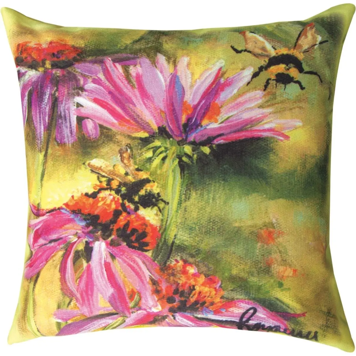 212 MAIN 18x18 in Climaweave Indoor-Outdoor Pillow with Critter-Themed Insert, Vibrant Bee Print Floral Theme, Patio Decor