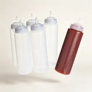 6 Pack Plastic Squeeze Condiment Bottles for Cooking - Clear Sauce Dispenser with Measurement Scale for Ketchup Mustard Salad Dressing Oil Vinegar Leakproof Nozzle for Kitchen Restaurant BBQ