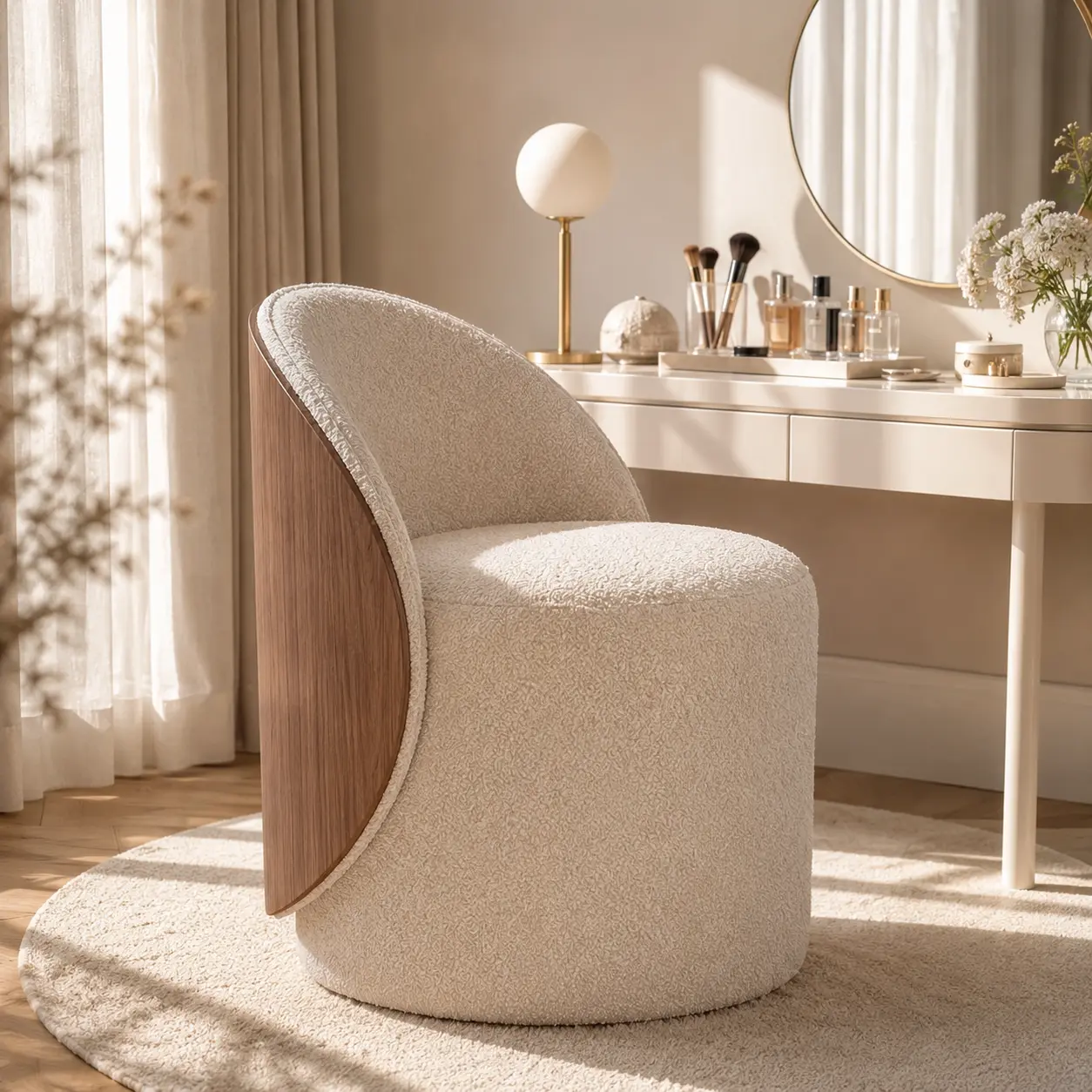 Modern Vanity Chair with Bentwood Back, Bouclé & Woven Upholstered Accent Chair for Makeup Vanity, Bedroom, Dressing Room, Living Room