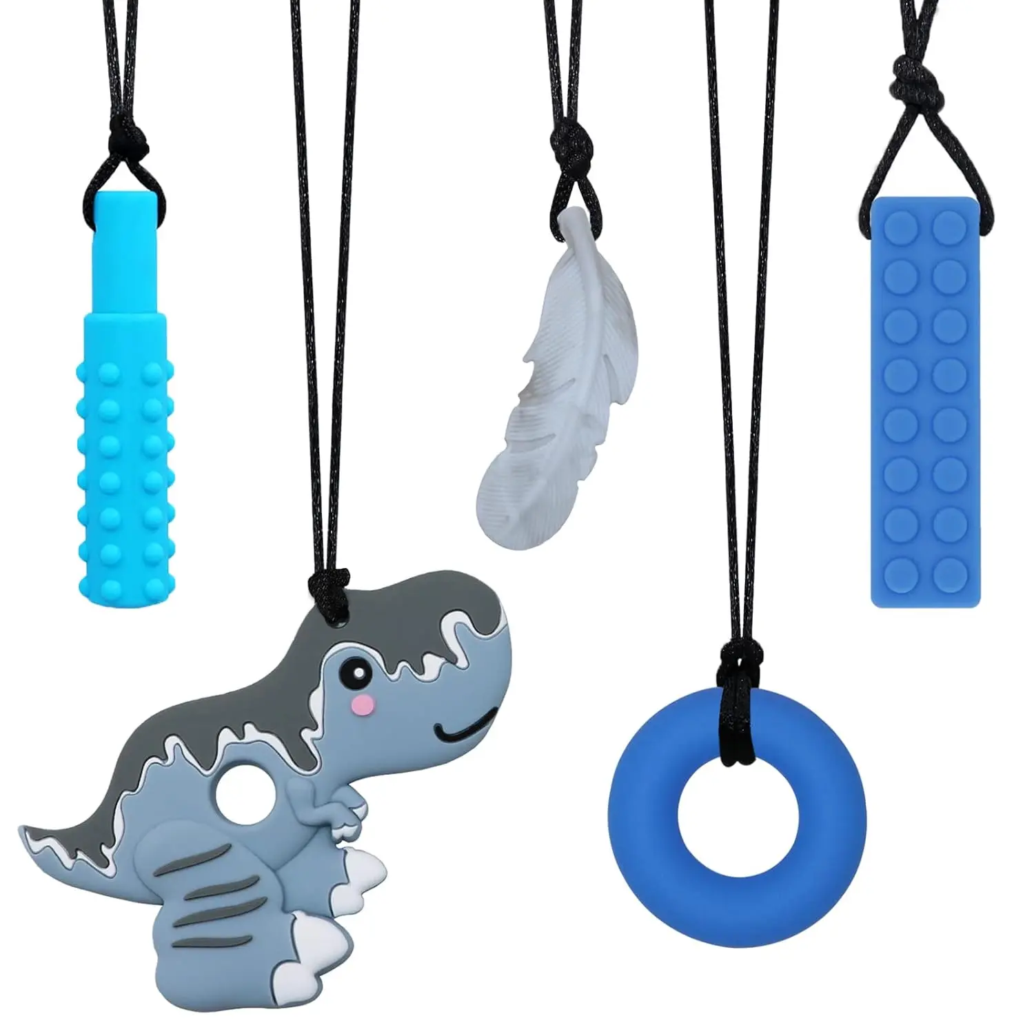 FN23 Chew Necklaces for Sensory Adults and Kids,  Sensory Necklace for Kids with ADHD, SPD, Teething, Biting Needs, Silicone Chew Necklace for Autism Kids Reduce Fidget, Toddler Adult Chew Necklace 5 Pack (Grey)