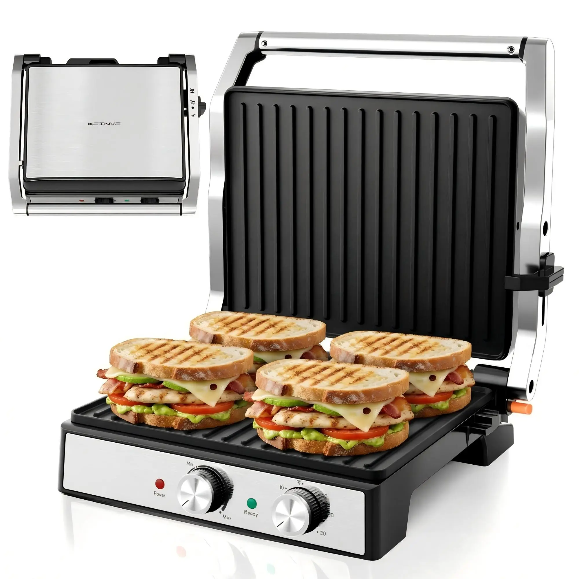 KEINVE 1700W Panini Press Nonstick Grill - 4-Slice Large Sandwich Maker with Temp & Time Settings, 180-Degree Open for Steak, Fish, Vegetables