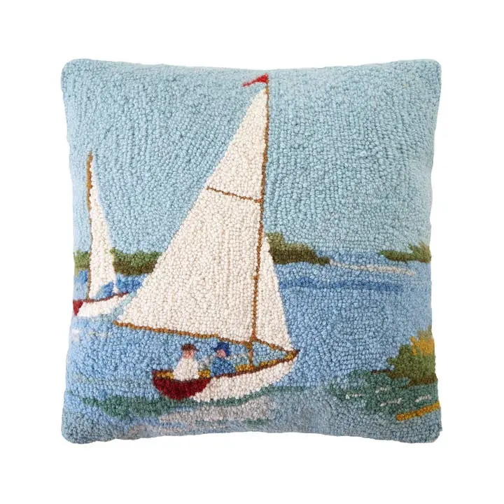 Peking Handicraft 30SW333C16SQ 16 x 16 in. Sailboats Poly Fill Hook Pillow, Multi Color