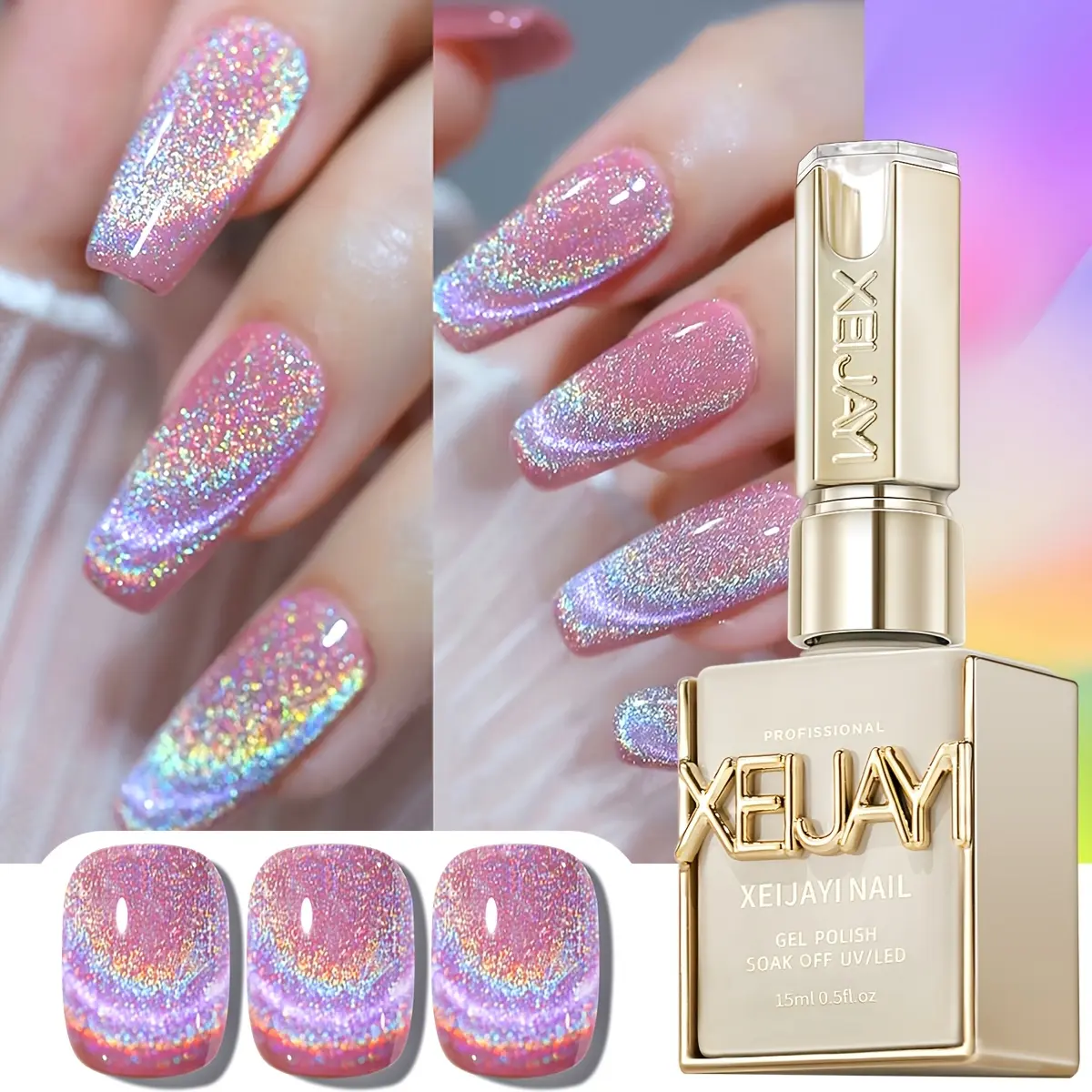 XEIJAYI 1PC 15ML 【TPO&HEMA Free】Rainbow Cat Eye Nail Gel Polish, Magnetic Glitter Finish, Patting Glue for Gradient Effect, DIY Nail Art Design Supplies, LED & UV Compatible
