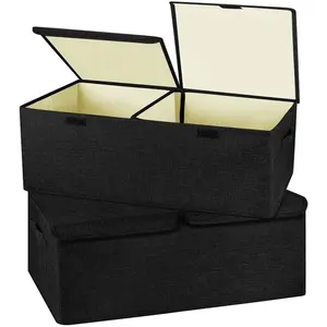 2 Pack Large Linen Fabric Collapsible Storage Bins with Lid and Handles, Washable Storage Box Baskets Cube with Removable Divider for Bedroom,Closet,Office,Living Room, (Black, Small)