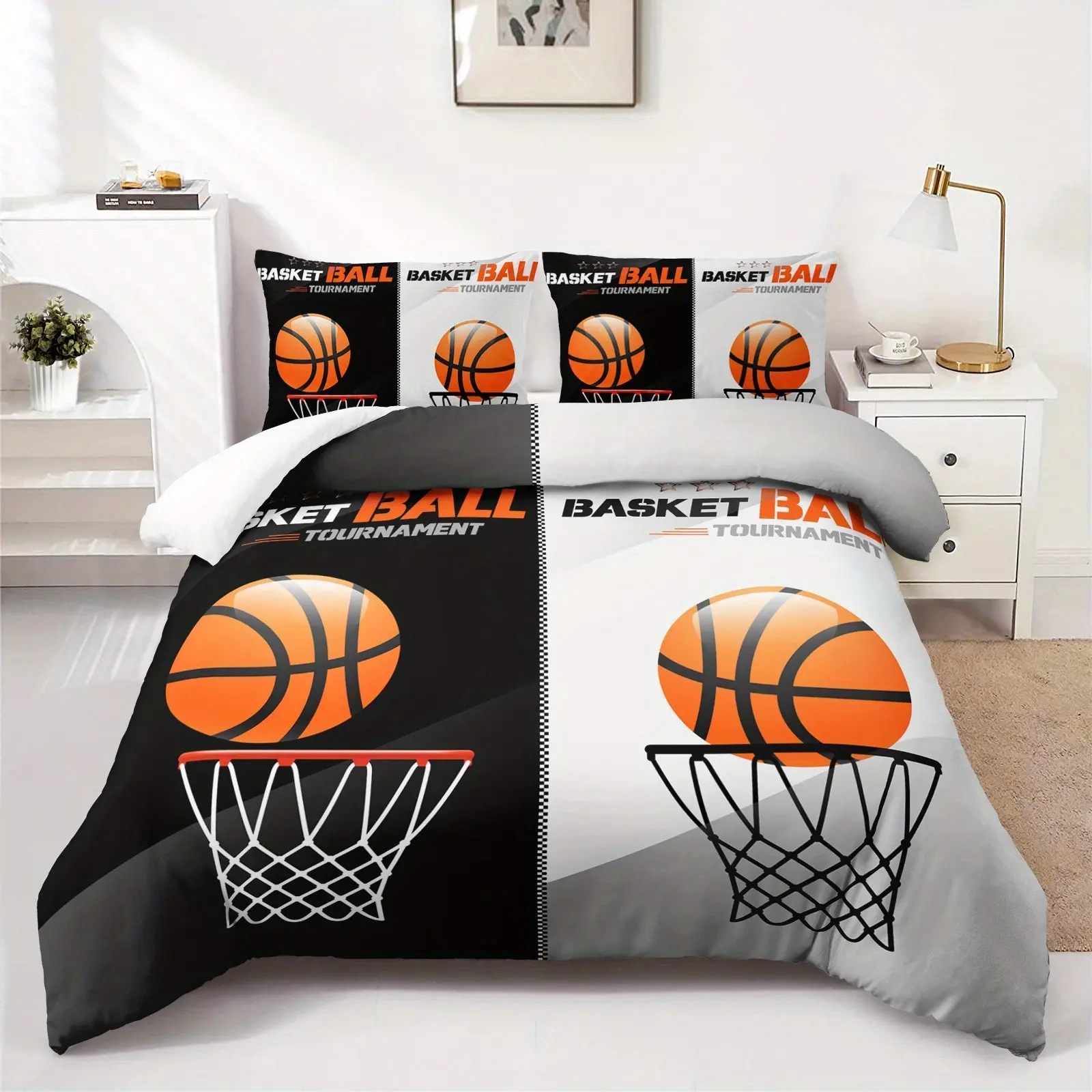 3pcs & Basketball Hoop Decorative Bedding Set, Duvet Cover Sets, Duvet Cover + 2 Pillowcases, Polyester, Perfect for Sports Enthusiast Bedrooms & Gaming Room Decor