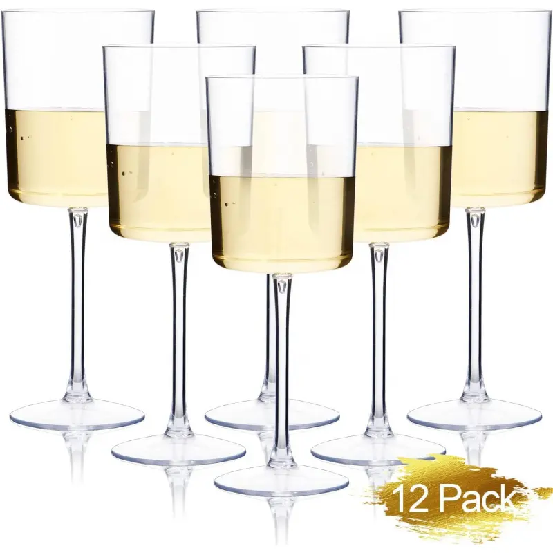 12 Pack Clear Plastic Wine Glasses - 10 Oz Disposable Wine Glasses with Stem for Parties & Weddings & Poolside & Outdoors & Camping