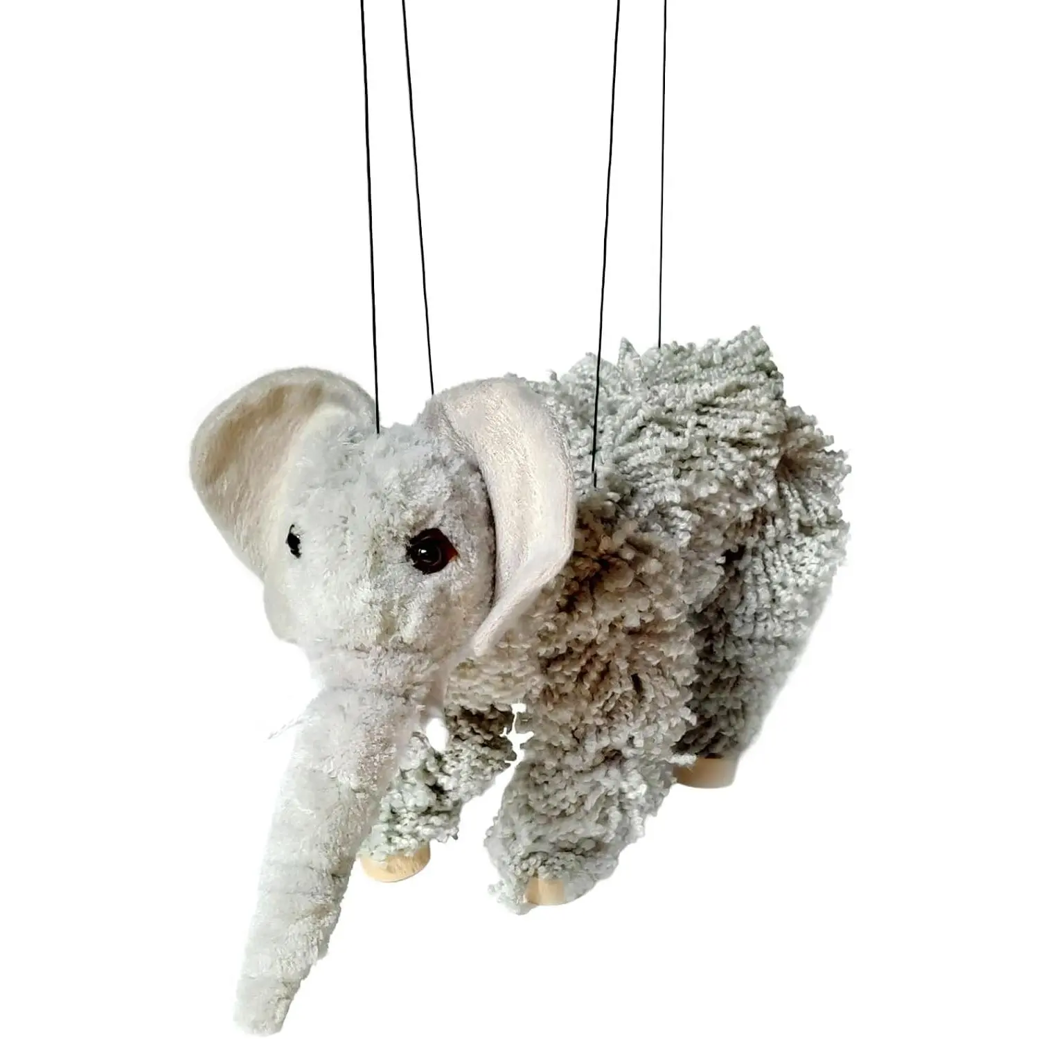 Elephant Marionette Puppet - Yarn Elephant with Wooden Feet, Detachable Strings