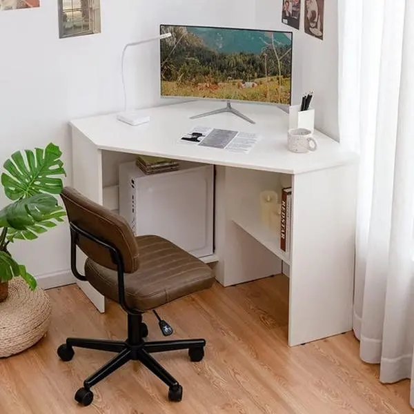 L-Shaped Scratch-Proof Compact White Corner Desk with Storage Shelves, Supports 200lbs, for Home Office Use, L-Shaped Corner
