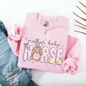 Mother Baby Nurse Easter Sweatshirt, Mom Baby Nurse T-Shirt, NICU Postpartum Nurse Sweater, Groovy Bunny Newborn Pullover, OB Nurse Crewneck Gift