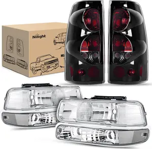 Nilight Headlight and Taillight Assembly Combo Compatible with 1999 2000 2001 2002 Chevy Silverado 1500 2500 2001 2002 Chevy Silverado 1500HD 2500HD 3500 OE Style Chrome Housing Clear Reflector Smoke