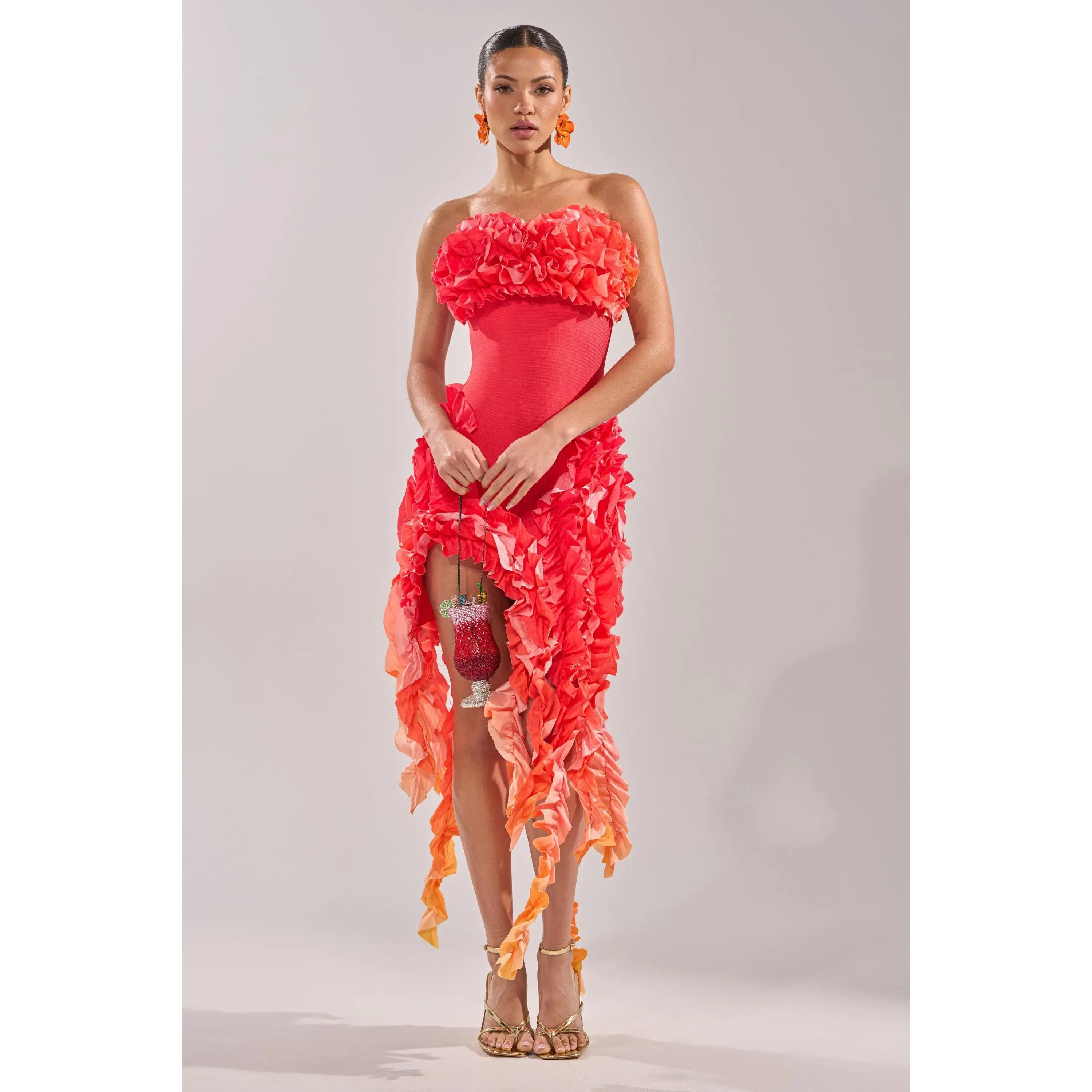 CITY LIGHTS RUFFLE MAXI DRESS IN RED OMBRE