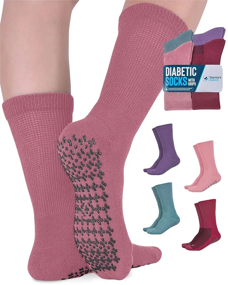 Doctor's Select Women's Diabetic Socks - Cushioned Mid-Calf, Loose Fit, Nonbinding Top, Skin-Friendly, Rubber Grips for Feet, Good Blood Flow, Machine Washable (Men's Size 5-9)