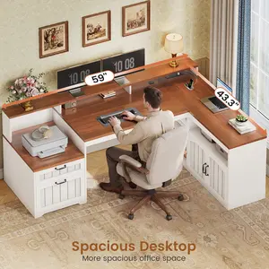 SEDETA 59 Inch Farmhouse L Shaped Desk with Drawers Office Desk with File Drawers Wood Corner Computer Desk with Storage Cabinet Home Office Desk with Monitor Stand Power Outlets