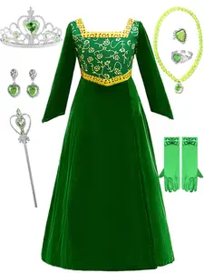 (Dress + all accessories) Shrek Princess Fiona Green Dress Halloween Cosplay Costume Children's Costume Party Costume