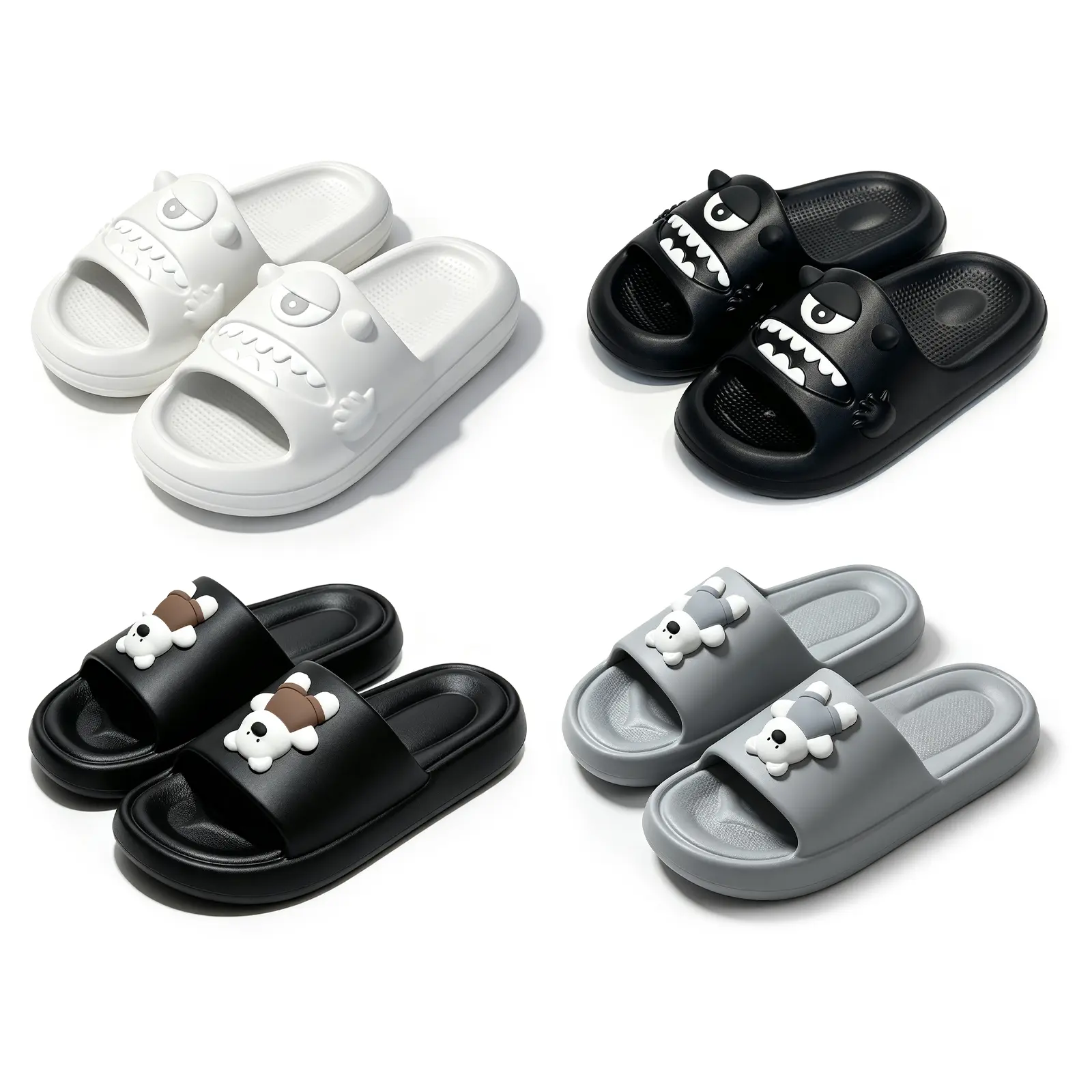 4Pairs Cartoon Cloud Slides, 3D One-Eyed Monster & Bear Thick Platform Slippers, Soft EVA Non-Slip Quick Dry Shower Sandals for Men Boys Indoor Outdoor Beach Pool Travel
