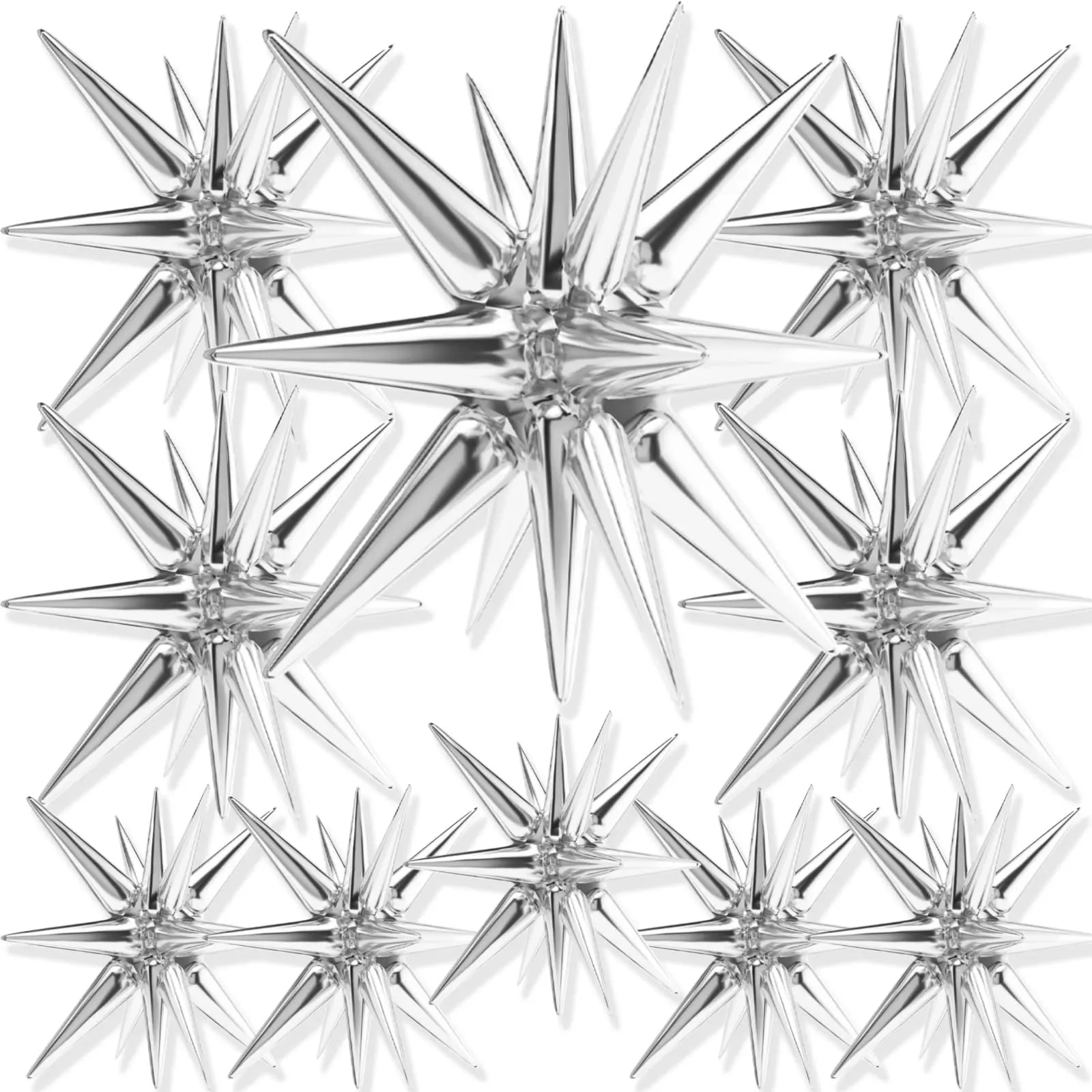 PartyWoo Solid Silver Round Aluminium Metallic Star Foil Balloons, 10pcs Explosion Spike Mylar Ribbon Balloons - 42/27/22in Sizes, for Birthday, Retirement Party Decor, Balloon Decor, Graduation Backdrop
