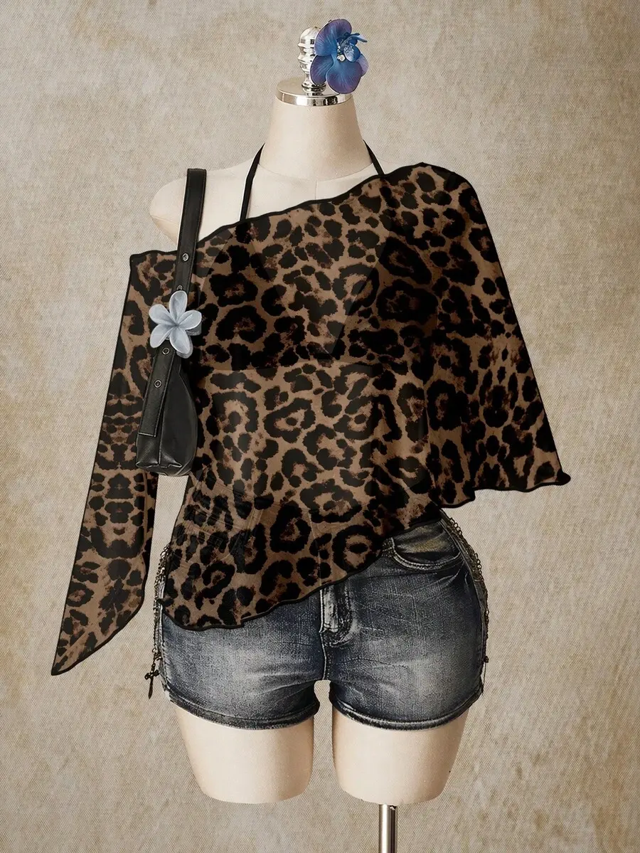 Plus Size Women's Leopard Print Asymmetric-Neck Fashion Top