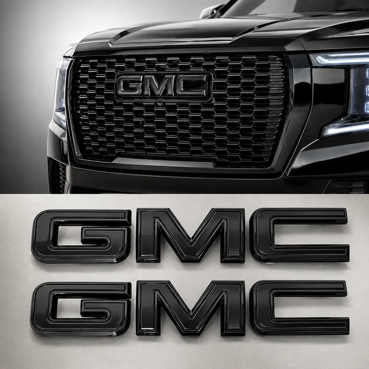 GMC Front Grille & Rear Tailgate Emblem Kit for 2019-2026 Sierra 1500 2500HD 3500HD & Canyon, Direct Replacement 3D Badge Matte Black / Gloss Black / Black with Chrome