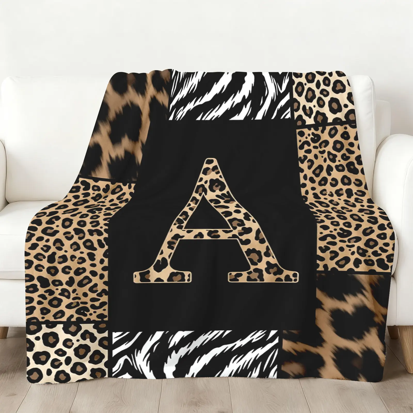 Animal Print Letter A Large Print Throw Blanket, Leopard-Zebra Flannel Blanket, Soft Cozy Warm Personalized Monogram Throw, Gift for Her, Trendy Bedroom Couch Decor, Large Print Throws holiday